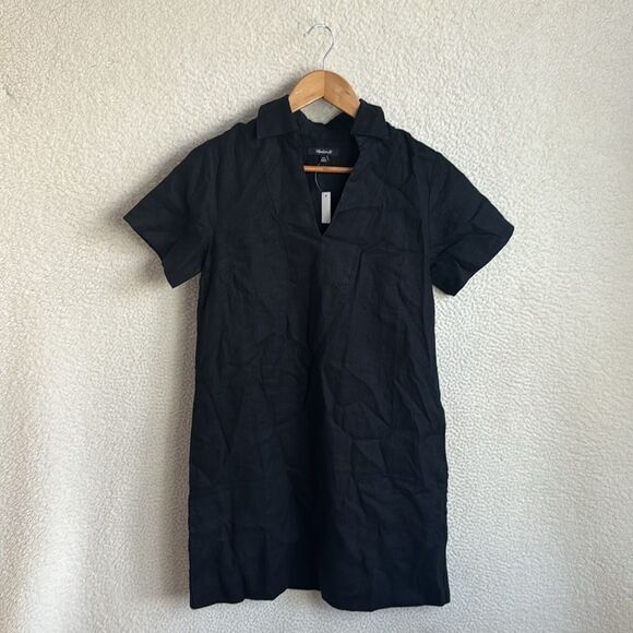Madewell V Neck Mini Dress 100% Linen‎ Womens XXS Black - Picture 2 of 8